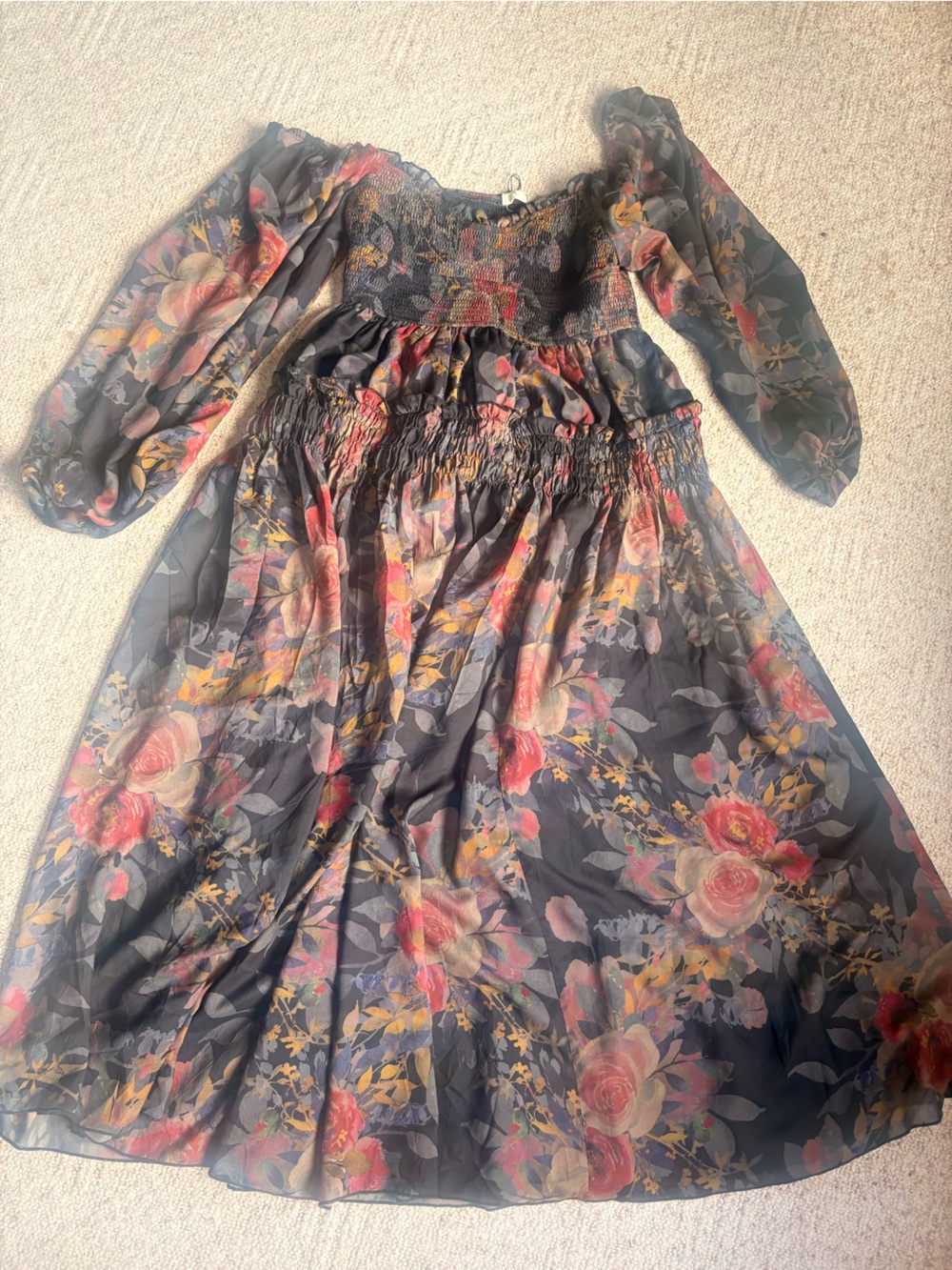 Promesa Black Floral Smocked Waist Long Sleeve Jumpsuit